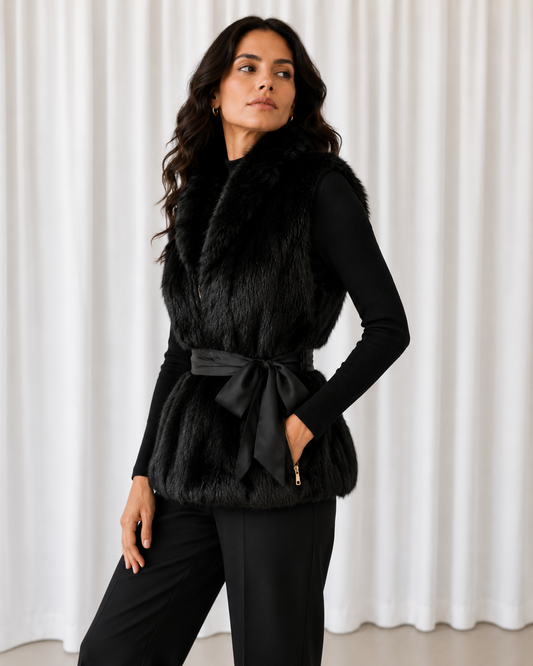 Abrigo Faux Fur Vest Negro con Lazo Satinado - La Reversa
