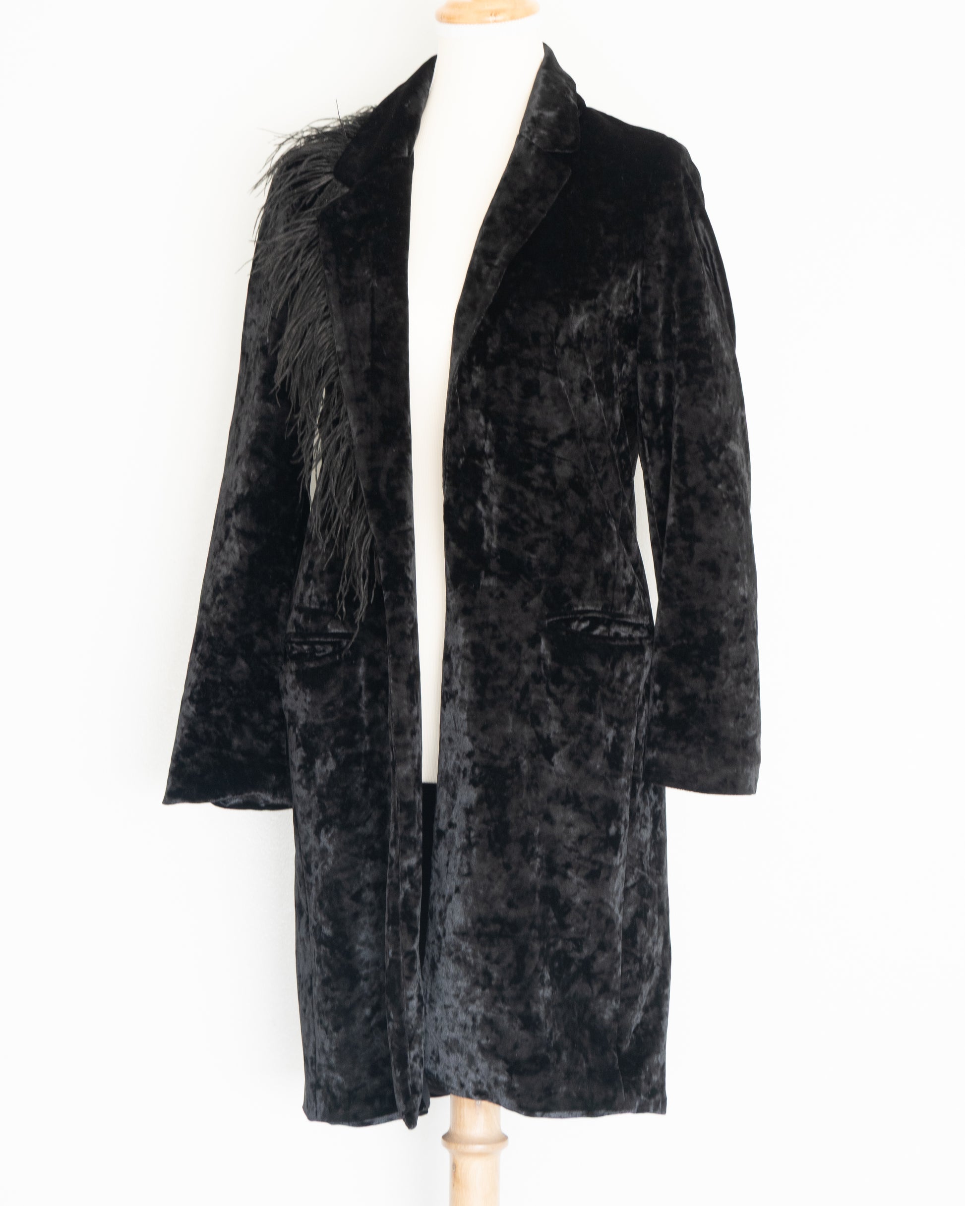 Abrigo Terciopelo Negro Plumas  - Karyn Coo - La Reversa