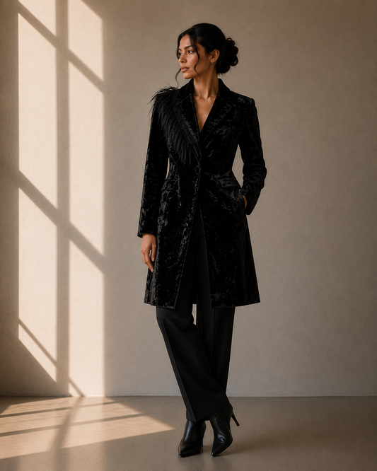 Abrigo Terciopelo Negro Plumas  - Karyn Coo - La Reversa