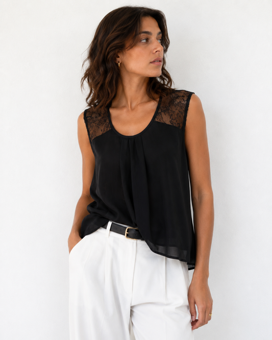 Blusa Negra Encaje Transparencia - Rachel Roy - La Reversa