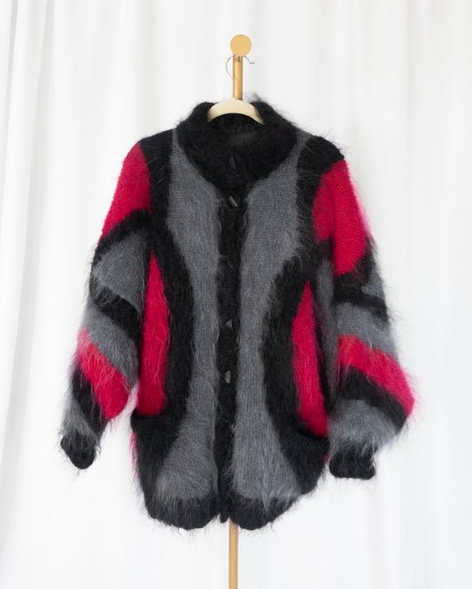 Cárdigan Lana Mohair Gris, Negro y Fucsia - La Reversa