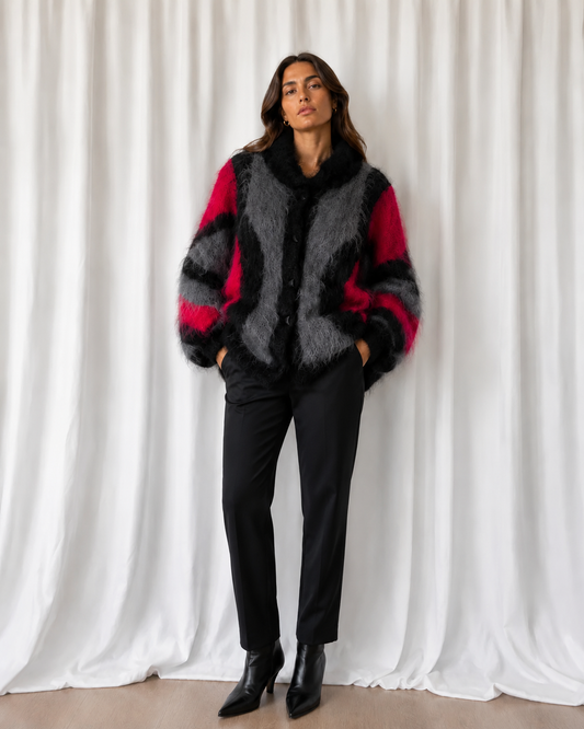 Cárdigan Lana Mohair Gris, Negro y Fucsia - La Reversa