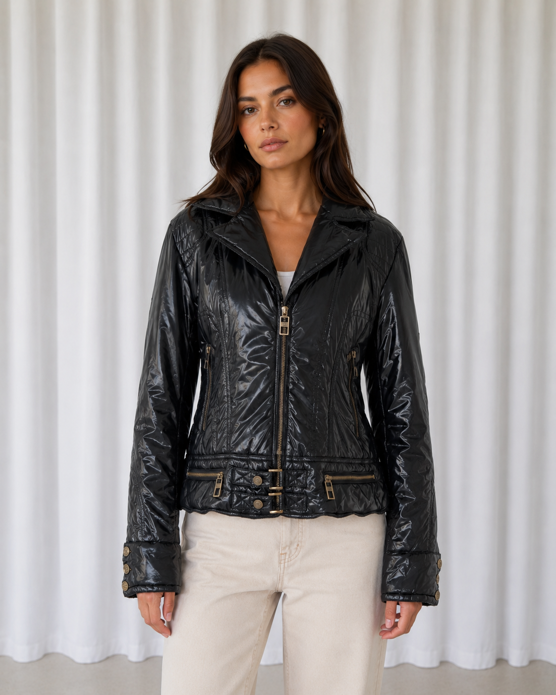 Chaqueta Biker Negra Glossy con Cierre Metálico - Just Cavalli - La Reversa