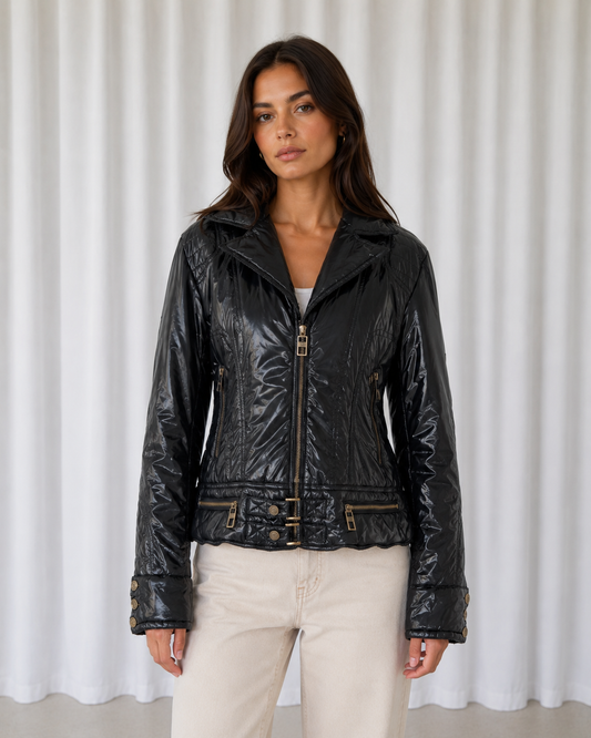 Chaqueta Biker Negra Glossy con Cierre Metálico - Just Cavalli - La Reversa