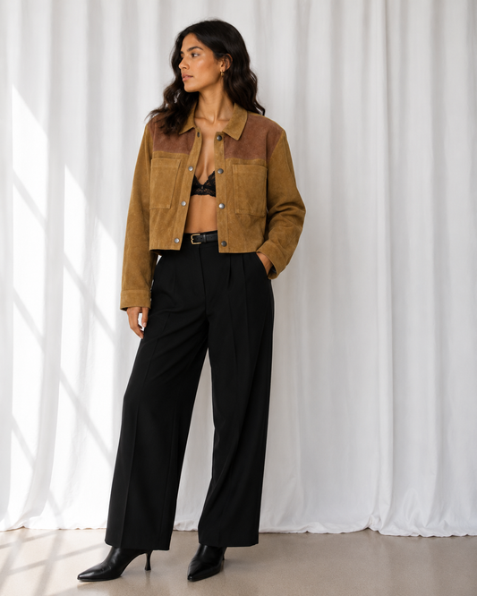 Chaqueta Cropped de Gamuza Camel - Topshop - La Reversa