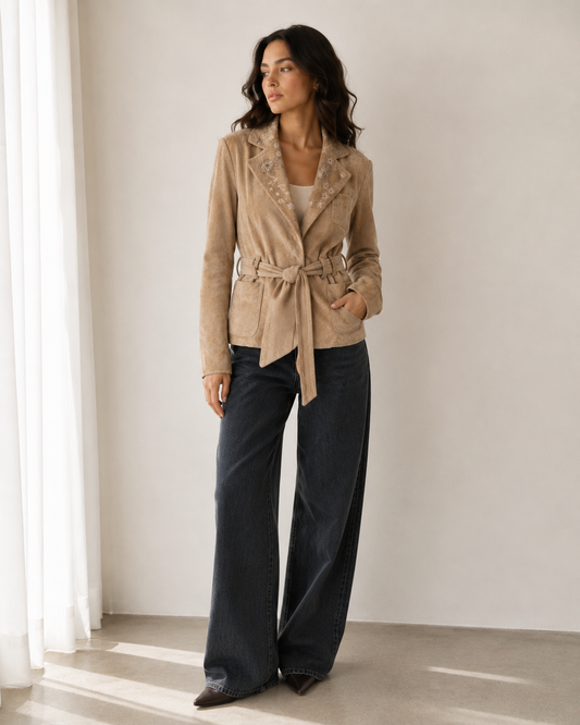 Chaqueta Gamuza Beige Bordada - Arden B - La Reversa