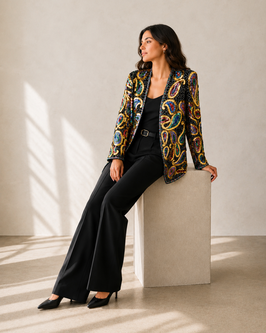 Chaqueta vintage negra con bordado paisley en lentejuelas multicolor y pedrería dorada en La Reversa
