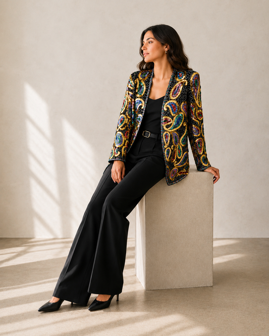 Chaqueta vintage negra con bordado paisley en lentejuelas multicolor y pedrería dorada en La Reversa