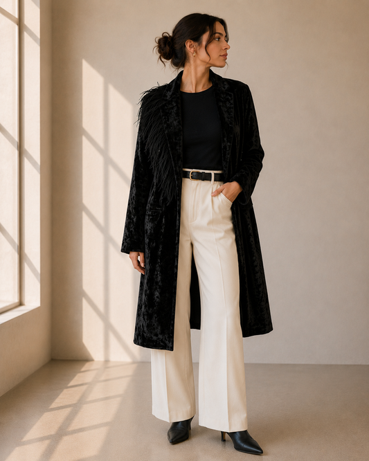 Abrigo Terciopelo Negro Plumas  - Karyn Coo