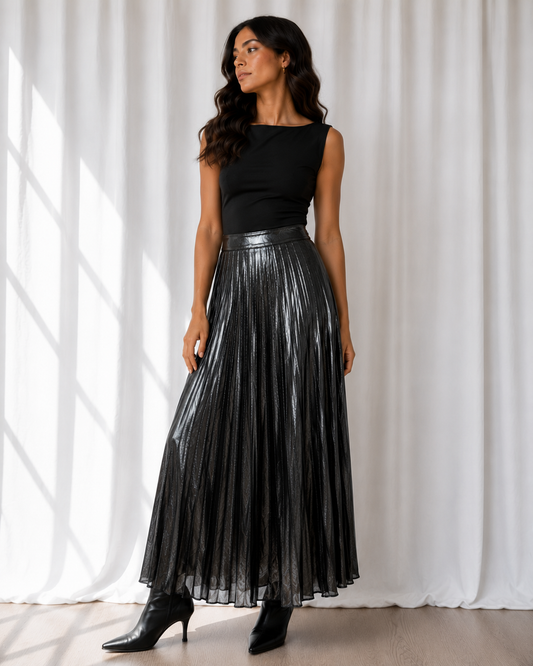 Falda Plisada Metalizada Negra - Tommy Hilfiger - La Reversa