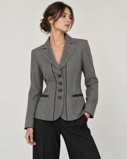 Modelo con blazer gris entallado de cuatro botones Apanage Collection - La Reversa
