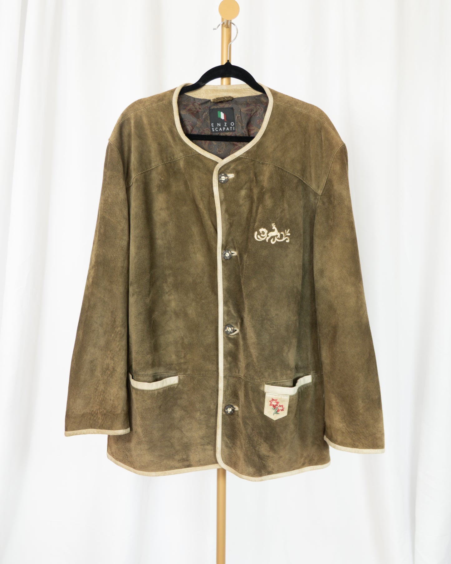 Chaqueta de Gamuza Verde Oliva Bordada - Enzo Scapati