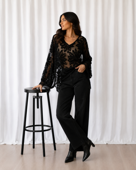 Top Black Sheer Floral Mesh - La Reversa