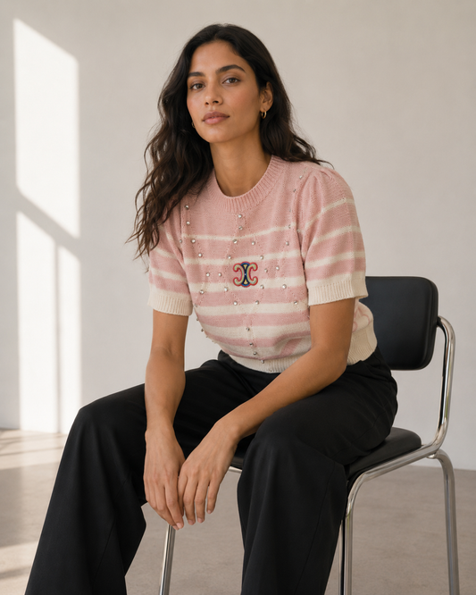 Top Tejido Rosa y Crema - Celine - La Reversa