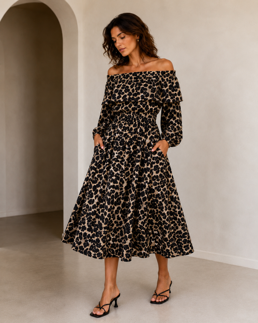 Vestido Animal Print Off Shoulder - Whistles - La Reversa