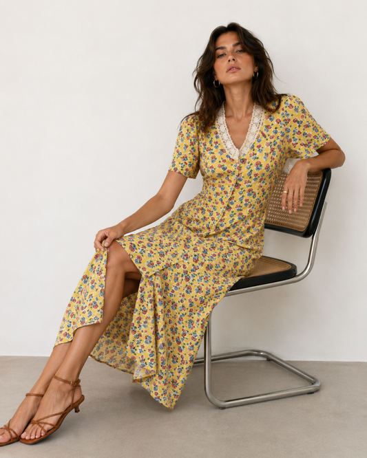 Vestido Floral Amarillo Vintage - La Reversa