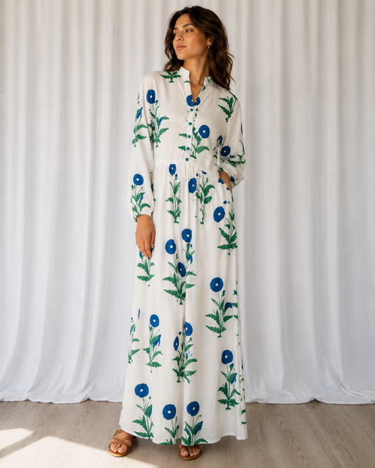 Vestido Largo Floral Azul y Verde - La Reversa