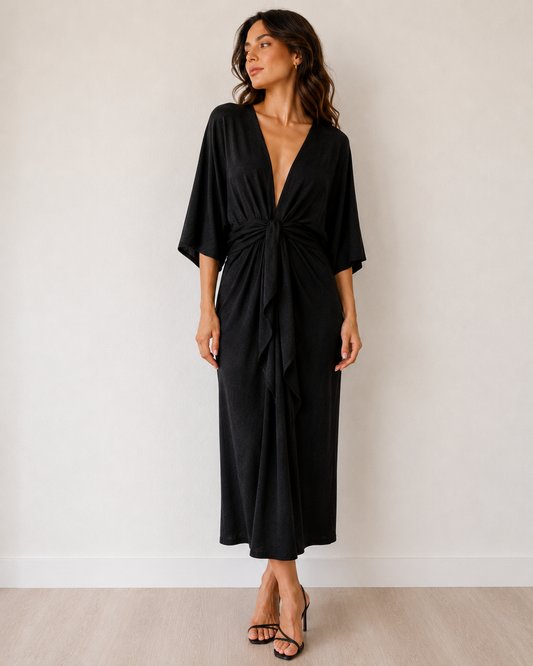 Vestido Negro Drapeado Manga Batwing - Asos Design - La Reversa